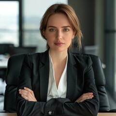 A professional woman with a confident demeanor, arms crossed wearing a chic business suit in a modern office