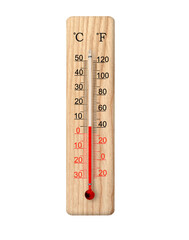 Wooden celsius and fahrenheit scale thermometer isolated on transparent background. Ambient temperature plus 5 degrees - obrazy, fototapety, plakaty