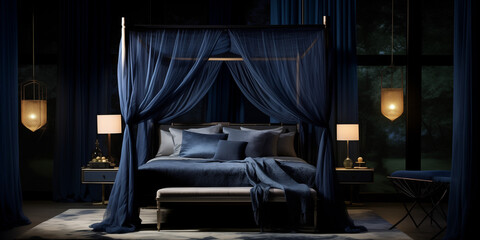 A peaceful navy blue bedroom with a canopy bed, sheer curtains, and a view of the moonlit sky. - obrazy, fototapety, plakaty