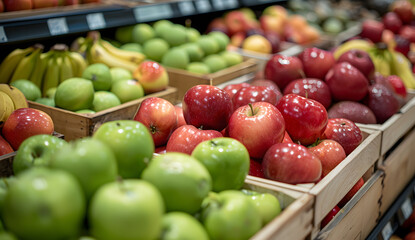 Apples on supermarket apple shelves display retail store organic local farmers food fruits healthy eating fresh supply shopping market tasty natural gmo genetically modified vegetarian juicy fruit