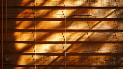 Warm sunlight filters through, casting elongated shadows on a slatted wooden wall, blinds. Wallpaper. Background. - obrazy, fototapety, plakaty