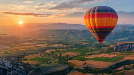 Obraz premium Captivating Hot Air Balloon Floating Above Picturesque Countryside Landscapes with Vibrant Colors and Serene Atmosphere