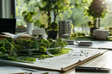 Eco-friendly architectural plans and landscape design on desk, environment concept