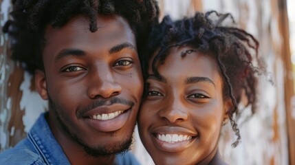 Close-up of an affectionate couple smiling warmly against a rustic wooden backdrop, reflecting togetherness