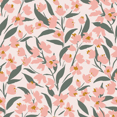 Wildflower branches making a subtle spendor pattern with pastel pink,sage green,cream. Great for homedecor,fabric,wallpaper,giftwrap,stationery,packaging design projects.