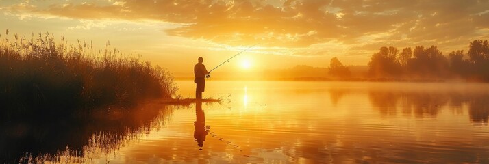 Angler Fishing in Tranquil Lake at Golden Sunrise Serene Solitude and Peaceful Reflection in Nature