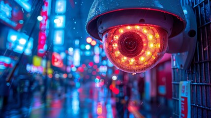 A wet security camera with red lights illuminates amidst a blurred cityscape with neon signs and rain - obrazy, fototapety, plakaty