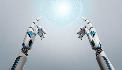 White humanoid hand using digital artificial intelligence icon hologram 3D rendering
