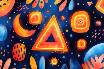 Geometric shapes with neon outlines, Triangles, squares, circles, and other shapes with glowing edges