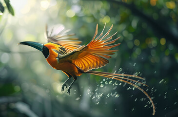 Tropical Bird in Flight, Majestic bird with orange plumage in mid-flight among sunlit trees.