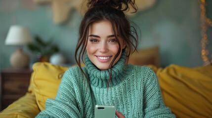 Young smiling brunette latin woman wear casual cozy green knitted sweater hold in hand use mobile cell phone in mint case isolated on plain yellow background studio portrait People lifestyle concept.
