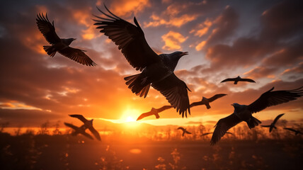 Fototapeta premium Flock of birds flying at sunset with vibrant orange skies in the background. Freedom and nature concept suitable for design and print