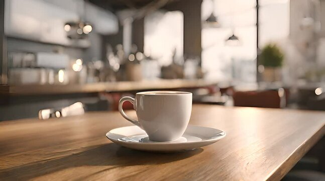 A cup of coffee sits still on a table in a cafe