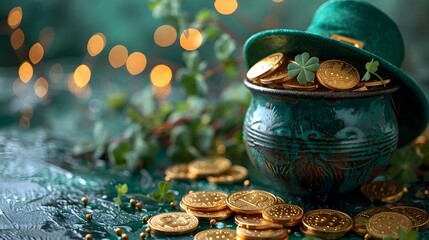 a pot of gold coins and a green hat with shamrocks on it and a green background with lights - obrazy, fototapety, plakaty