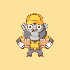 Cute gorilla courier package delivery animal chibi character mascot icon flat line art style illustration concept cartoon