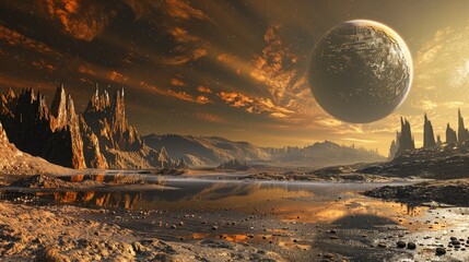 Scene with life on a fantasy extraterrestrial planet 