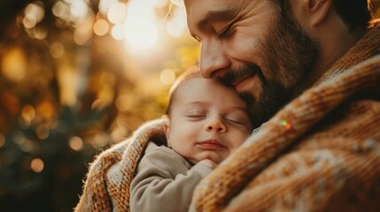 Obraz premium Newborn Baby Snuggling in Father s Arms Amidst Serene Surroundings