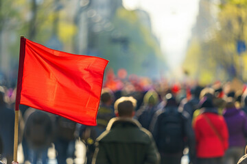 Symbolic red flag waving at a labor movement rally with a crowd in the background