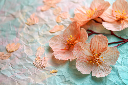 Delicate peach blossoms on textured handmade paper, a tender Mother's Day concept