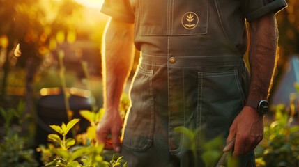 Focused shot of a gardener's uniform, highlighting the professionalism in horticulture - obrazy, fototapety, plakaty