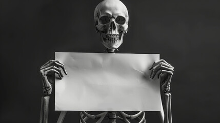 Skeleton holding up a blank sign in a creative representation of concept or message delivery - obrazy, fototapety, plakaty