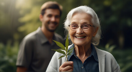 A smiling elderly person holding a fresh cannabis leaf in his hand, with an peaceful and serene look, blurred face in background, leaf focused and detailed, lady