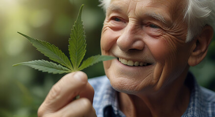 A smiling elderly person holding a fresh cannabis leaf in his hand, with an peaceful and serene look, blurred face in background, leaf focused and detailed, pick - obrazy, fototapety, plakaty
