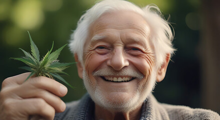 A smiling elderly person holding a fresh cannabis leaf in his hand, with an peaceful and serene look, blurred face in background, leaf focused and detailed, white - obrazy, fototapety, plakaty
