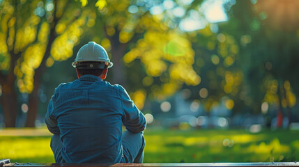 Solitary construction worker in contemplative repose amidst a serene park setting - obrazy, fototapety, plakaty