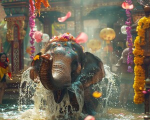 The playful curiosity of a young elephant exploring the sights and sounds of Songkran