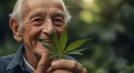 A smiling elderly person holding a fresh cannabis leaf in his hand, with an peaceful and serene look, blurred face in background, leaf focused and detailed, bokeh