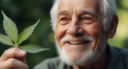 A smiling elderly person holding a fresh cannabis leaf in his hand, with an peaceful and serene look, blurred face in background, leaf focused and detailed, smile - obrazy, fototapety, plakaty