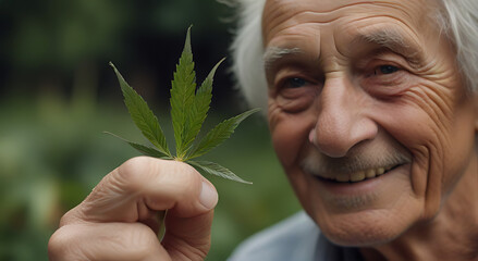 A smiling elderly person holding a fresh cannabis leaf in his hand, with an peaceful and serene look, blurred face in background, leaf focused and detailed, free - obrazy, fototapety, plakaty