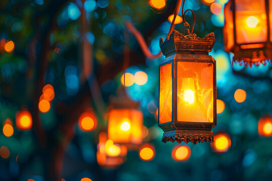 Antique lanterns glowing warmly amidst a mystical blue bokeh backdrop at twilight