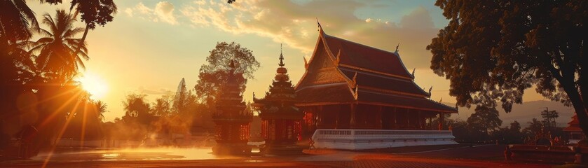 The serene beauty of a temple at dawn during Songkran - obrazy, fototapety, plakaty