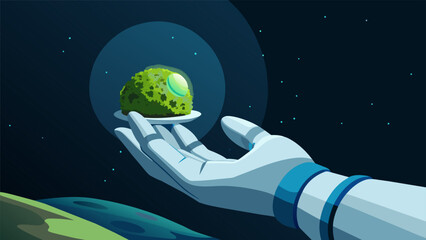 A gloved hand carefully holds a handful of strange greenglowing moss plucked from the surface of a distant moon. Nearby a rover stands ready to - obrazy, fototapety, plakaty