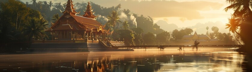The serene beauty of a temple at dawn during Songkran