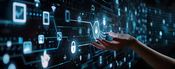Digital security network. Abstract concept illustration featuring businessman guarding data with shield key and padlock symbolizing online privacy and cyber protection
