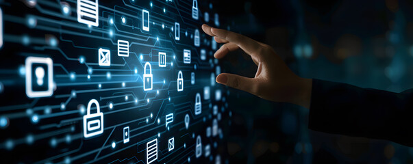 Digital security network. Abstract concept illustration featuring businessman guarding data with shield key and padlock symbolizing online privacy and cyber protection