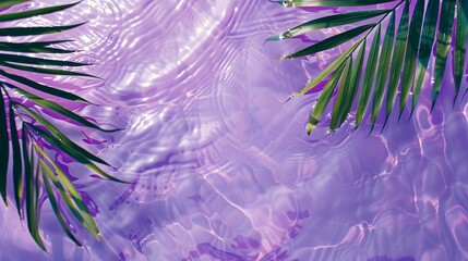 Palm leaves floating on rippling purple water in a pool from a flat lay aerial view. Wallpaper. Background. Copy space.