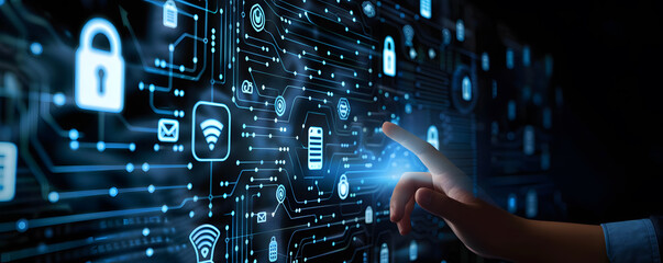 Digital security network. Abstract concept illustration featuring businessman guarding data with shield key and padlock symbolizing online privacy and cyber protection