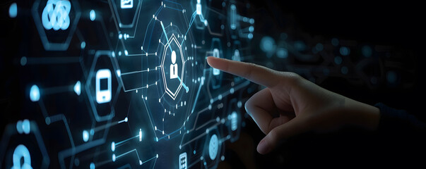 Digital security network. Abstract concept illustration featuring businessman guarding data with shield key and padlock symbolizing online privacy and cyber protection