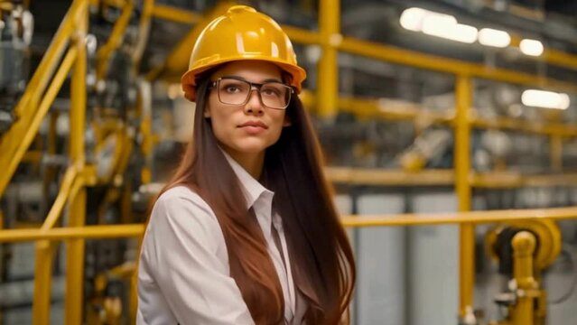 Confident and Attractive Female Industrial Worker in Yellow Helmet