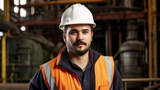 Portrait of Young Male Industrial Worker in Hard Hat and Safety Vest