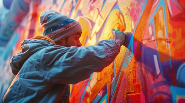 Street Art Enthusiast: dynamic composition featuring a graffiti artist in action, surrounded by colorful urban murals