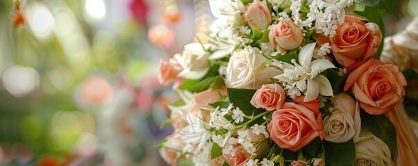 A bouquet of jasmine and roses tied with silk - obrazy, fototapety, plakaty