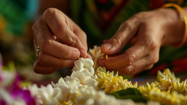 A close view of hands crafting a delicate jasmine garland