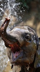 A close-up of a young elephant joyously trumpeting