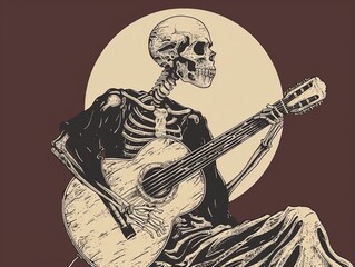 A skeletal figure strumming a guitar.