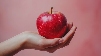 This image captures a hand cradling a shiny red apple with water droplets against a soft-focus pink background